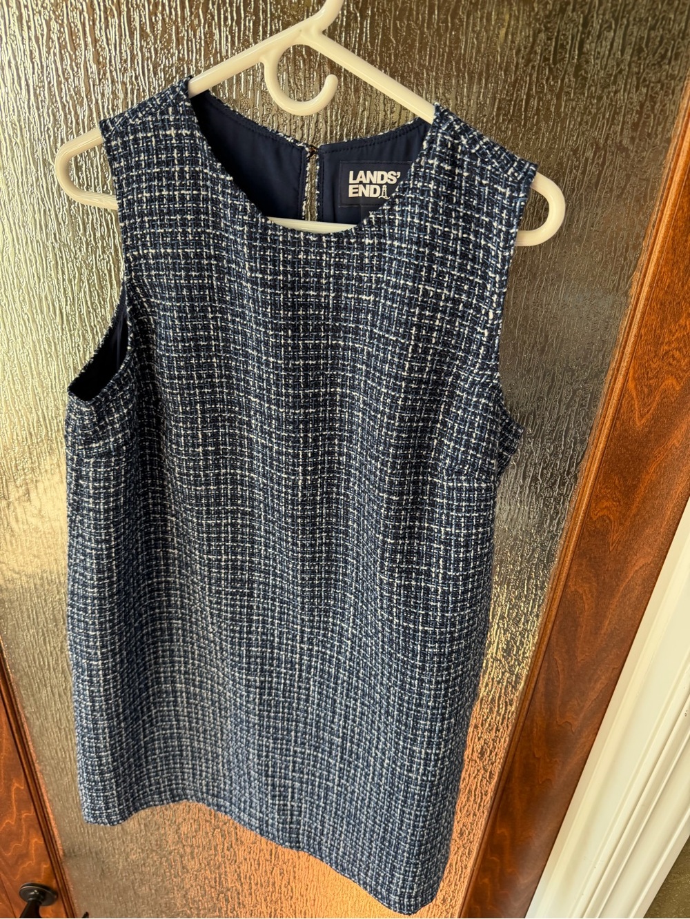 Lands’ End Navy & White Tweed Sheath Dress XL Sleeveless Career Classic
